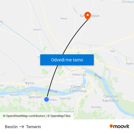 Beočin to Temerin map