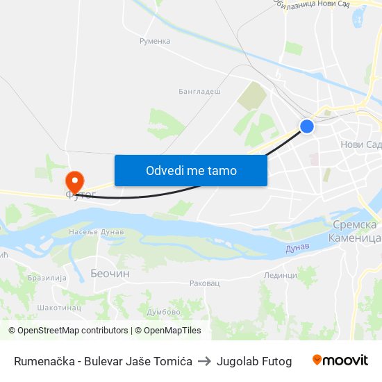 Rumenačka - Bulevar Jaše Tomića to Jugolab Futog map