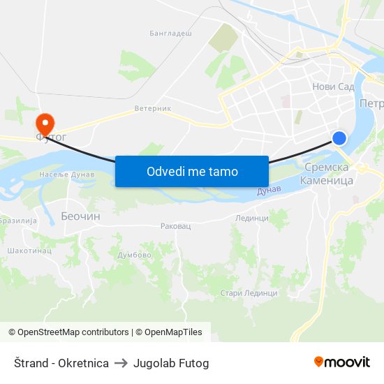 Štrand - Okretnica to Jugolab Futog map
