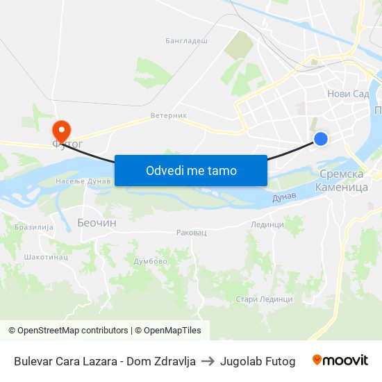 Bulevar Cara Lazara - Dom Zdravlja to Jugolab Futog map