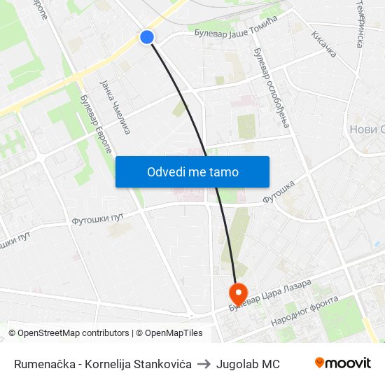 Rumenačka - Kornelija Stankovića to Jugolab MC map