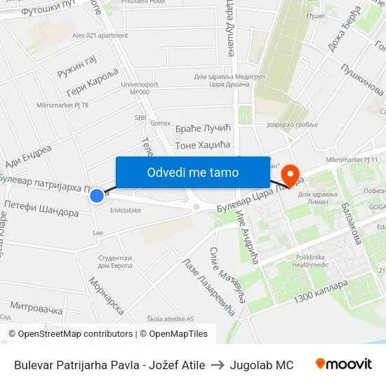 Bulevar Patrijarha Pavla - Jožef Atile to Jugolab MC map