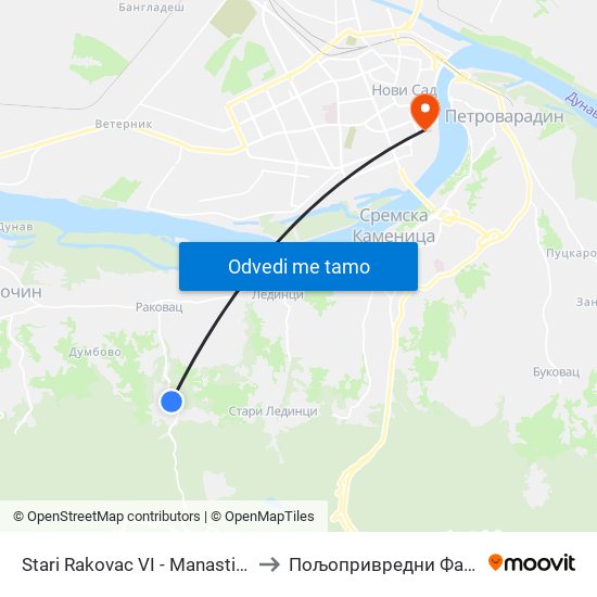 Stari Rakovac VI - Manastirska 28 to Пољопривредни Факултет map