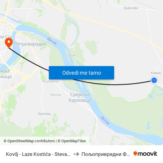 Kovilj - Laze Kostića - Stevana Pešića to Пољопривредни Факултет map