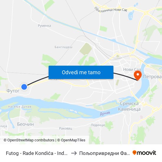 Futog - Rade Kondića - Industrijska to Пољопривредни Факултет map