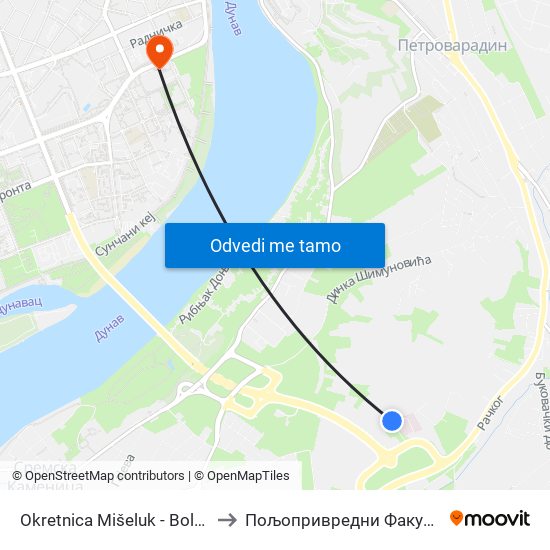 Okretnica Mišeluk - Bolnica to Пољопривредни Факултет map