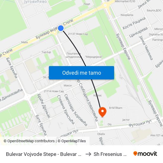 Bulevar Vojvode Stepe - Bulevar Slobodana Jovanovića to Sh Fresenius Medical Care map