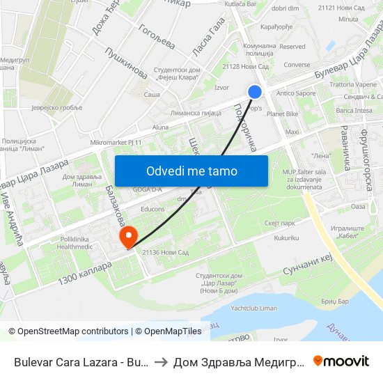 Bulevar Cara Lazara - Bulevar Oslobođenja to Дом Здравља Медигруп Др Цвјетковић map