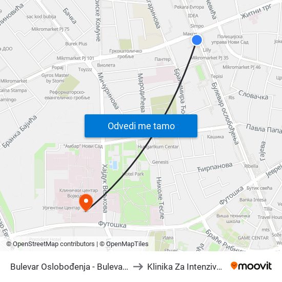 Bulеvar Oslobođenja - Bulevar Kralja Petra I to Klinika Za Intenzivnu Terapiju map