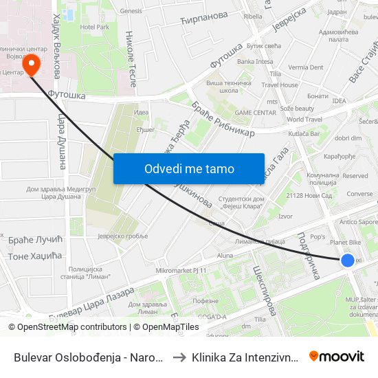 Bulevar Oslobođenja - Narodnog Fronta to Klinika Za Intenzivnu Terapiju map