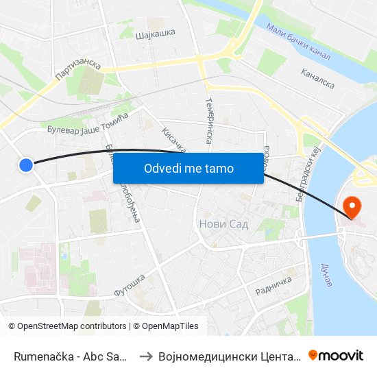 Rumenačka - Abc Samoposluga to Војномедицински Центар Нови Сад map