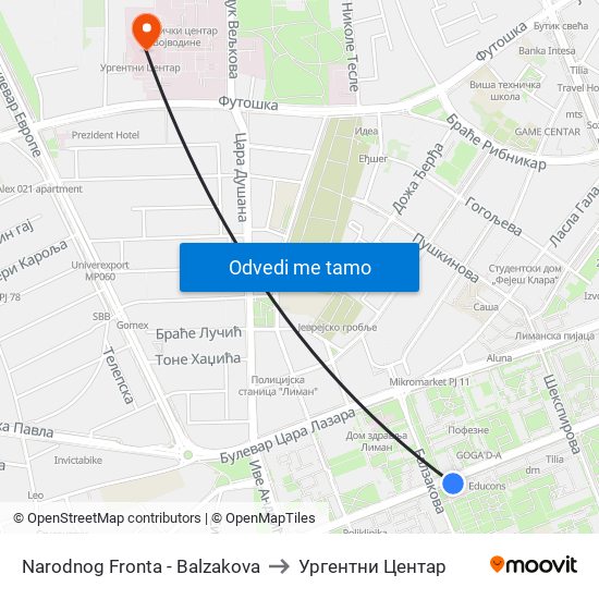 Narodnog Fronta - Balzakova to Ургентни Центар map