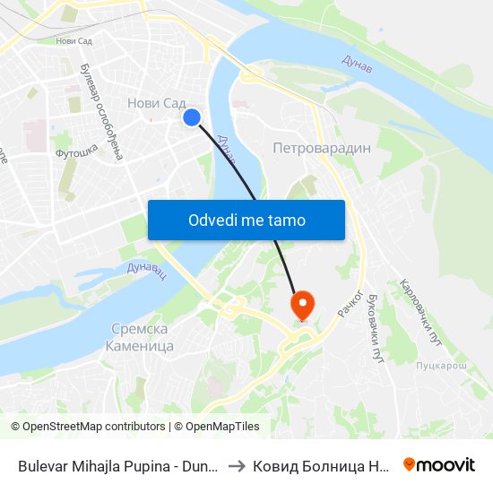 Bulevar Mihajla Pupina - Dunavski Park to Ковид Болница Нови Сад map