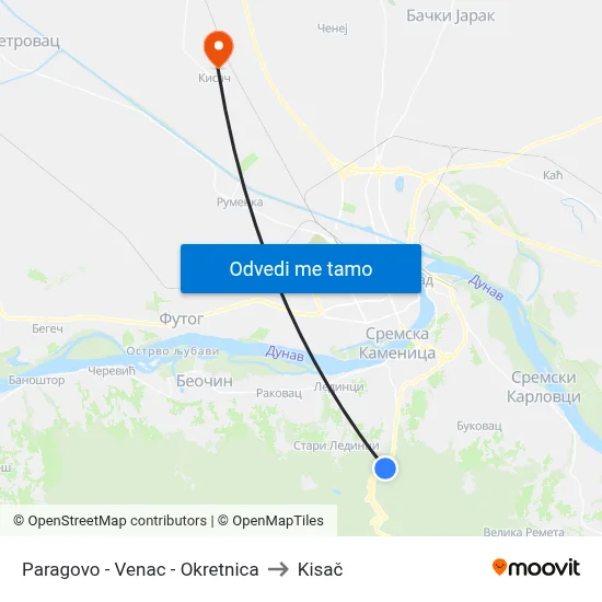Paragovo - Venac - Okretnica to Kisač map
