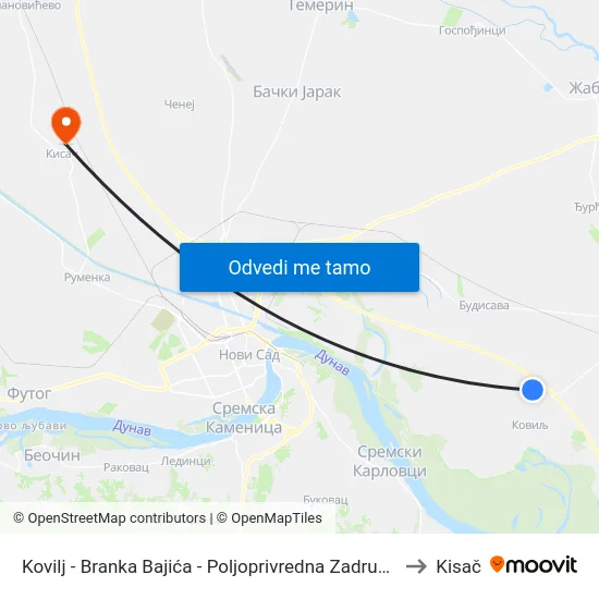 Kovilj - Branka Bajića - Poljoprivredna Zadruga to Kisač map
