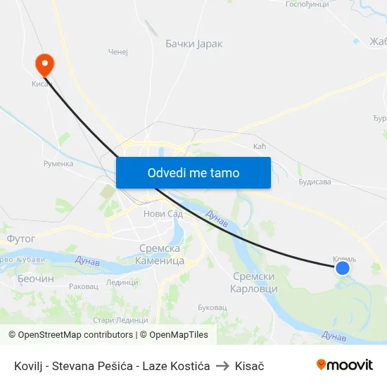 Kovilj - Stevana Pešića - Laze Kostića to Kisač map