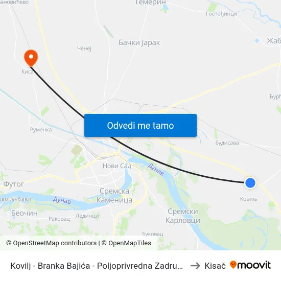 Kovilj - Branka Bajića - Poljoprivredna Zadruga to Kisač map