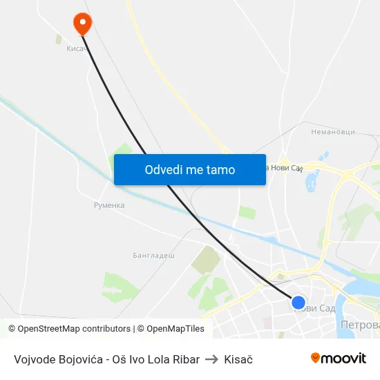 Vojvode Bojovića - Oš Ivo Lola Ribar to Kisač map