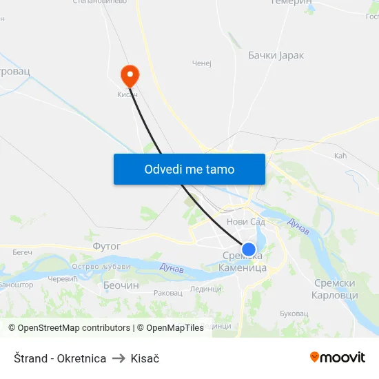 Štrand - Okretnica to Kisač map