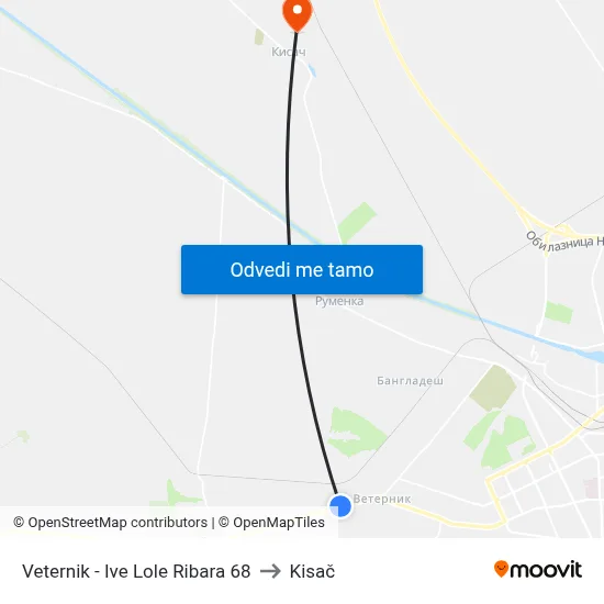 Veternik - Ive Lole Ribara 68 to Kisač map