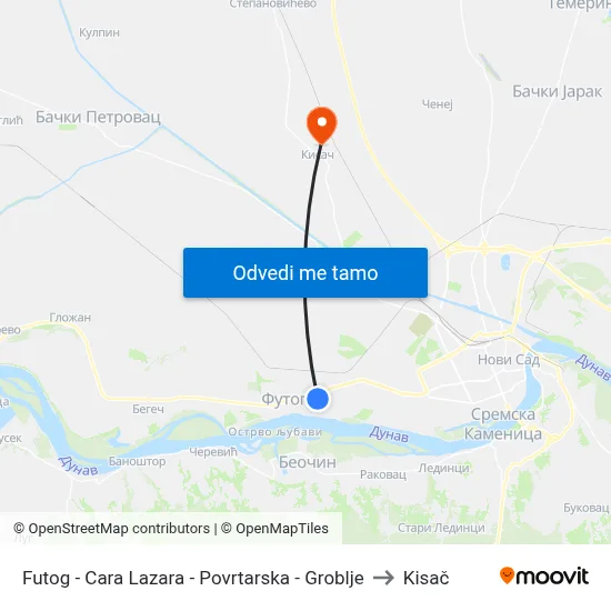 Futog - Cara Lazara - Povrtarska - Groblje to Kisač map