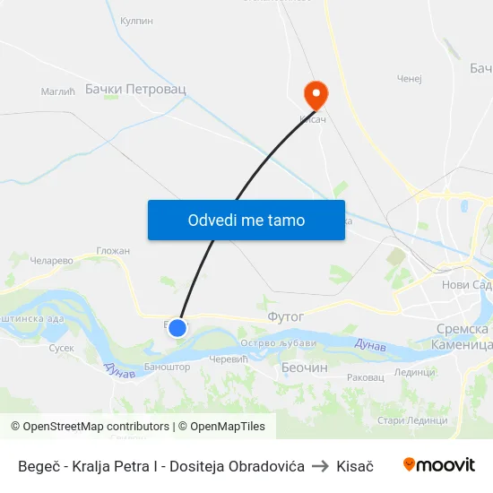 Begeč - Kralja Petra I - Dositeja Obradovića to Kisač map