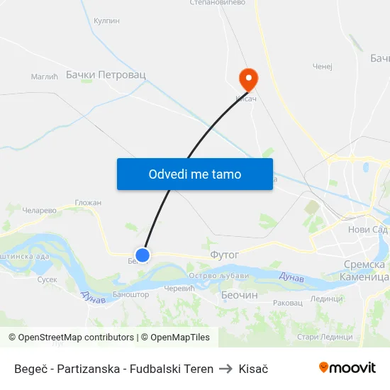Begeč - Partizanska - Fudbalski Teren to Kisač map