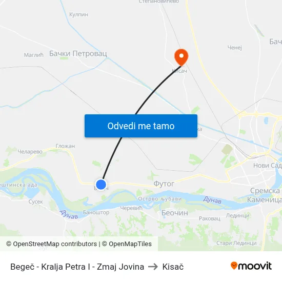 Begeč - Kralja Petra I - Zmaj Jovina to Kisač map