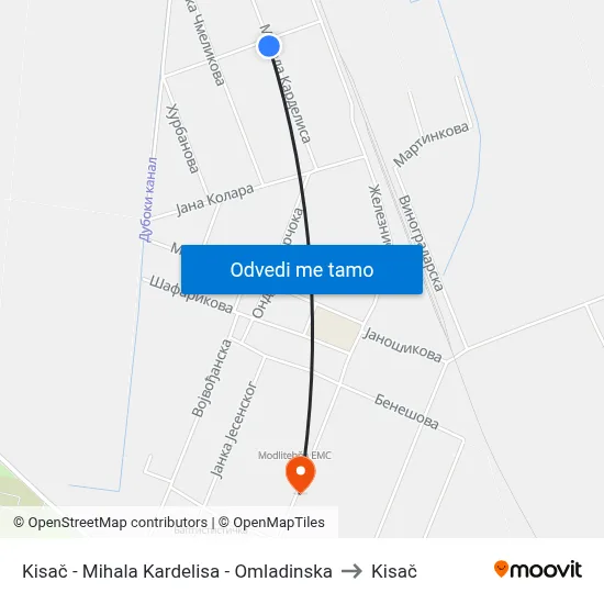 Kisač - Mihala Kardelisa - Omladinska to Kisač map