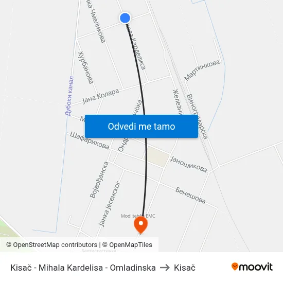 Kisač - Mihala Kardelisa - Omladinska to Kisač map