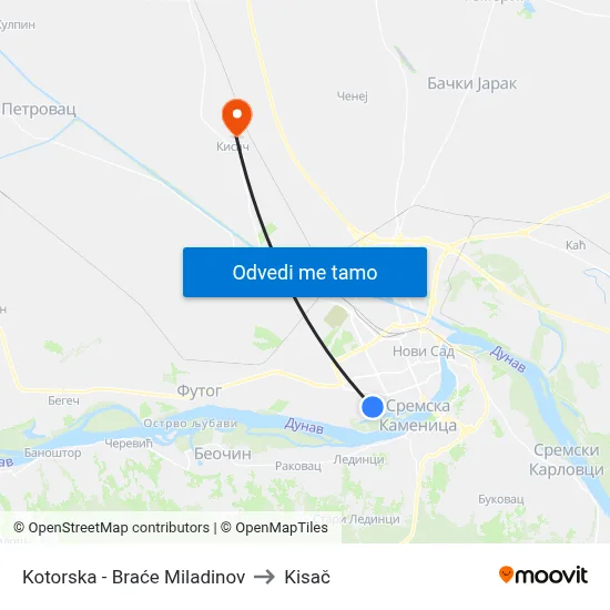 Kotorska - Braće Miladinov to Kisač map