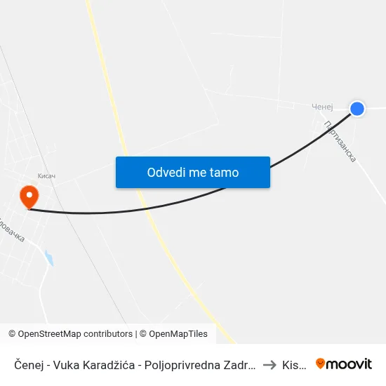 Čenej - Vuka Karadžića - Poljoprivredna Zadruga to Kisač map