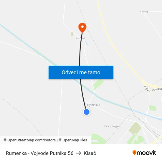 Rumenka - Vojvode Putnika 56 to Kisač map