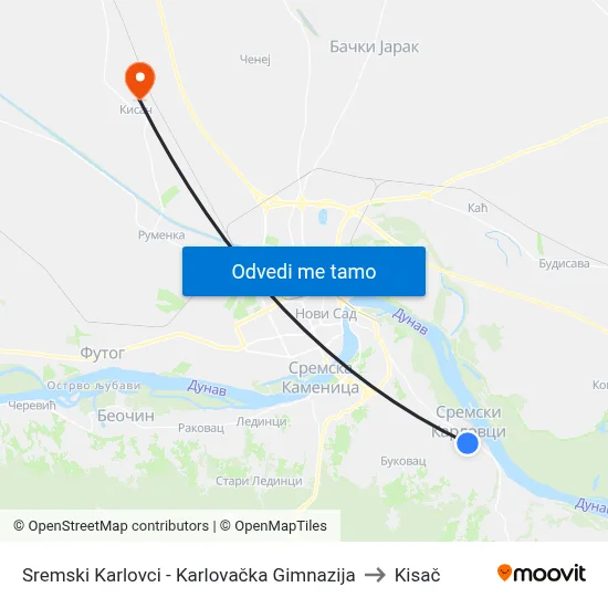 Sremski Karlovci - Karlovačka Gimnazija to Kisač map