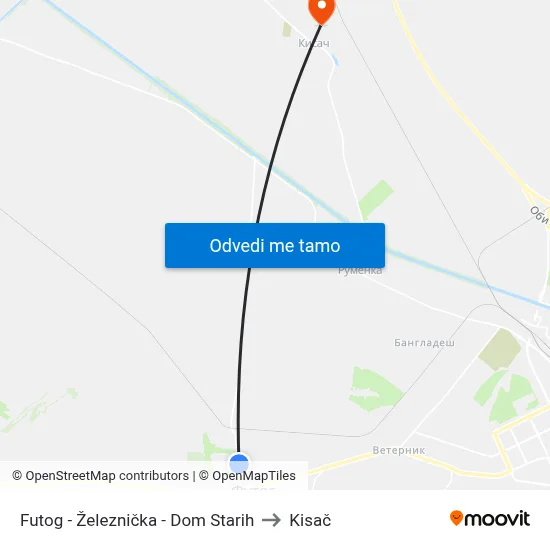 Futog - Železnička - Dom Starih to Kisač map