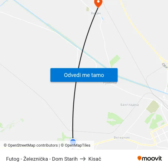 Futog - Železnička - Dom Starih to Kisač map