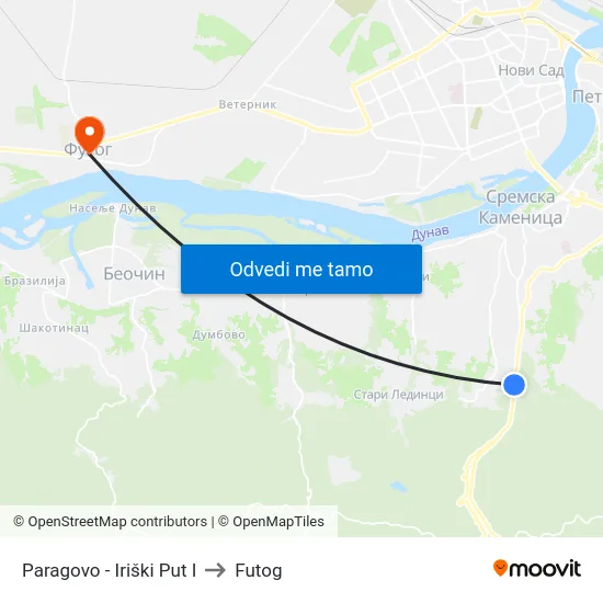 Paragovo - Iriški Put I to Futog map