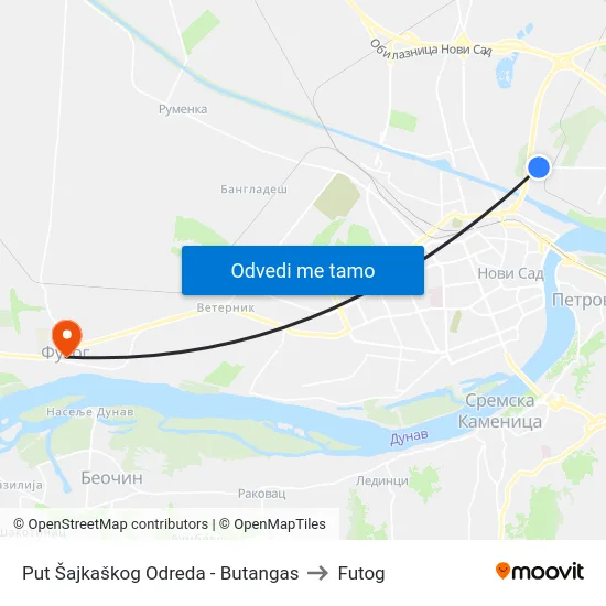 Put Šajkaškog Odreda - Butangas to Futog map