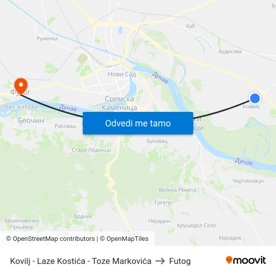 Kovilj - Laze Kostića - Toze Markovića to Futog map