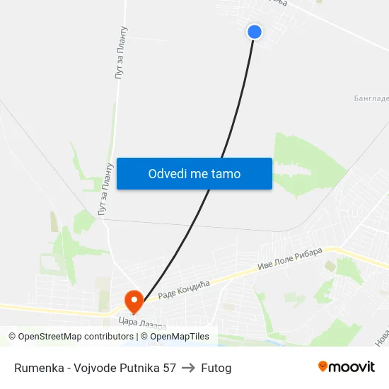 Rumenka - Vojvode Putnika 57 to Futog map