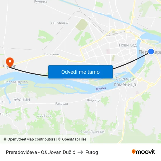 Preradovićeva - Oš Jovan Dučić to Futog map