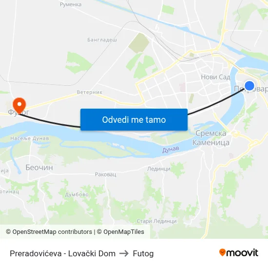 Preradovićeva - Lovački Dom to Futog map