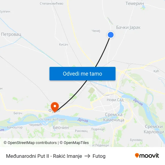 Međunarodni Put II - Rakić Imanje to Futog map