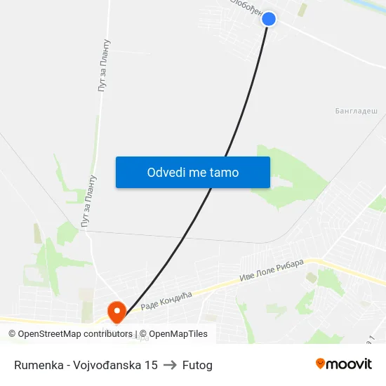Rumenka - Vojvođanska 15 to Futog map