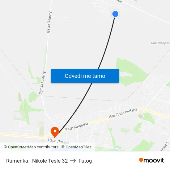 Rumenka - Nikole Tesle 32 to Futog map