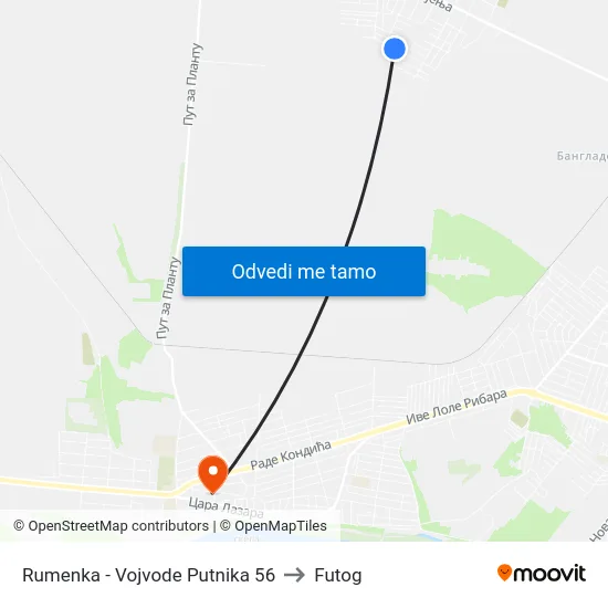 Rumenka - Vojvode Putnika 56 to Futog map