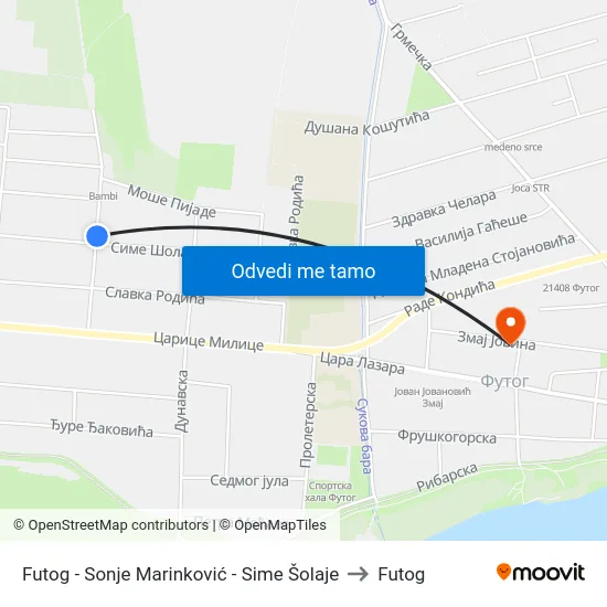 Futog - Sonje Marinković - Sime Šolaje to Futog map