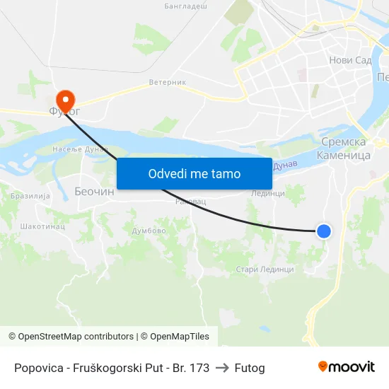 Popovica - Fruškogorski Put - Br. 173 to Futog map