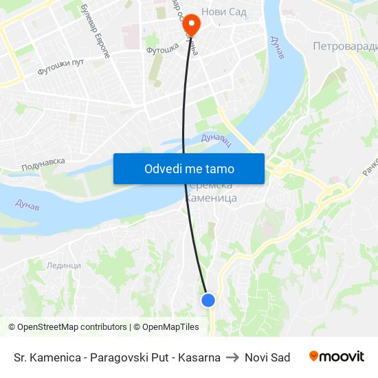 Sr. Kamenica - Paragovski Put - Kasarna to Novi Sad map