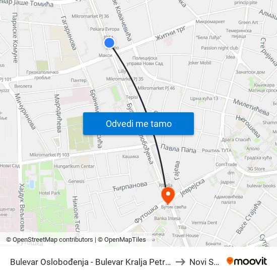 Bulevar Oslobođenja - Bulevar Kralja Petra I to Novi Sad map